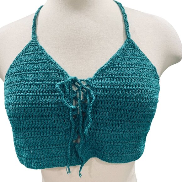 Hayden Los Angeles Crochet Halter Top Teal Festival Boho Summer Y2K NWT One Size - Picture 6 of 10